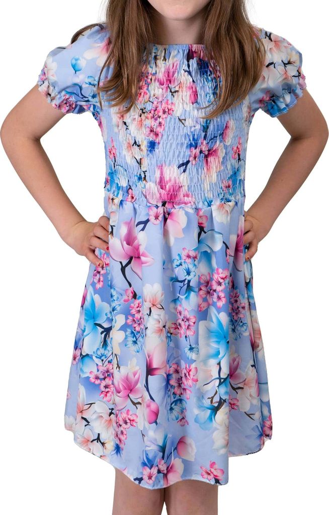 KMISSO Mädchen Kleid smoked Oberteil Puffärmel Blau 104