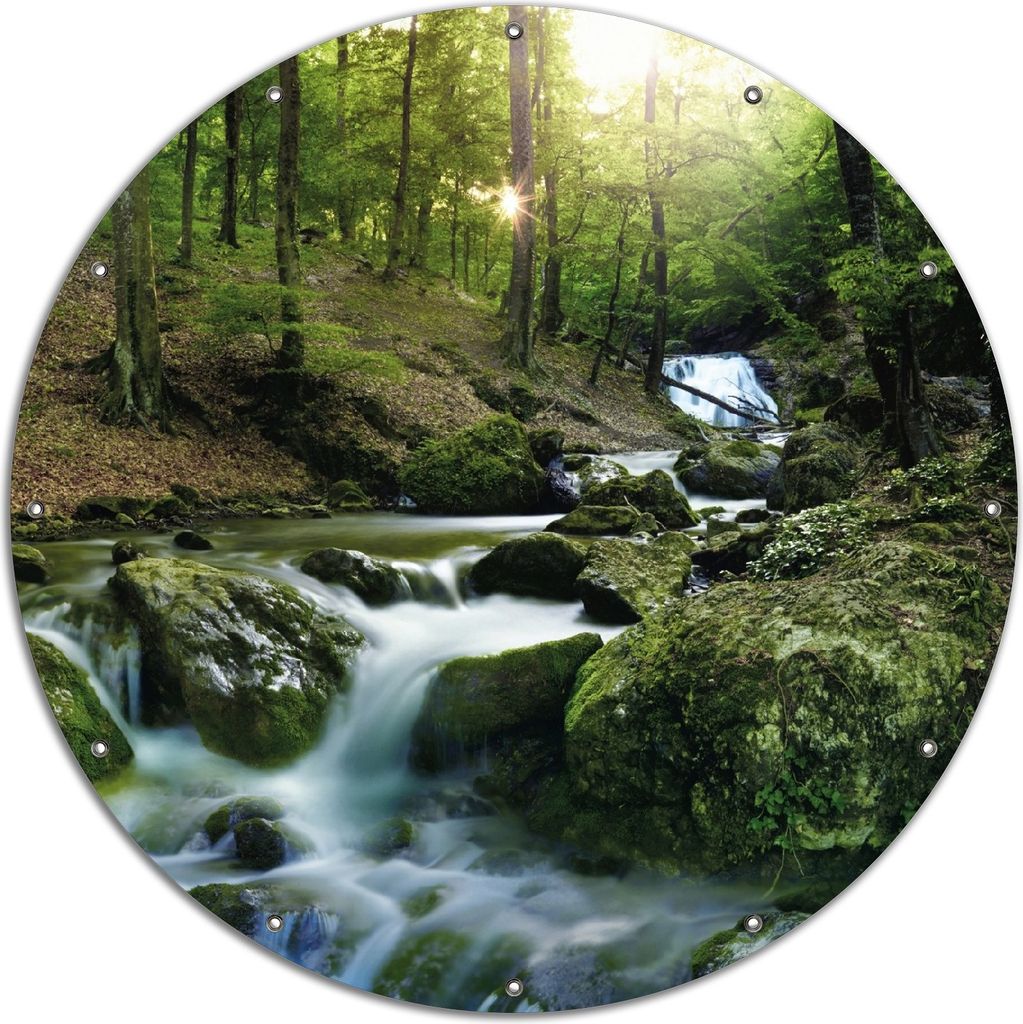 Wallario rundes Outdoor-Poster für Garten oder Balkon, Motiv Fließender Bach im Wald bei Sonnenuntergang, 120 cm Durchmesser