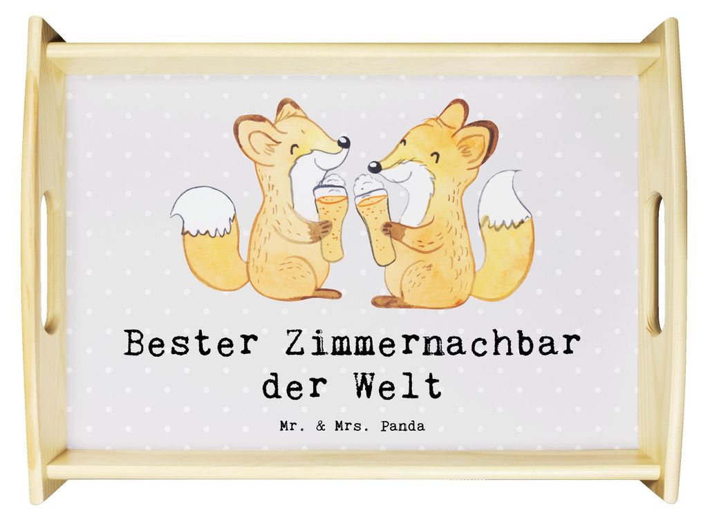 Mr. & Mrs. Panda tablett aus holz Fuchs Bester Zimmernachbar der Welt - Grau Pastell - Geschenk, Nachbar, Serviertablett, Dekotablett, Zimmer, esse...