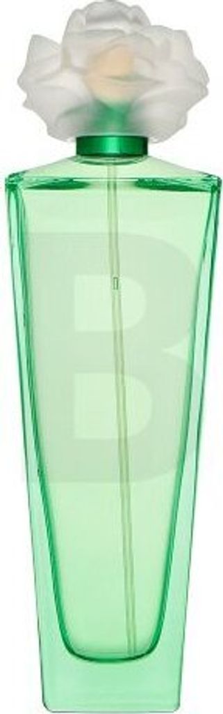 A perfume bottle with a flower on top.