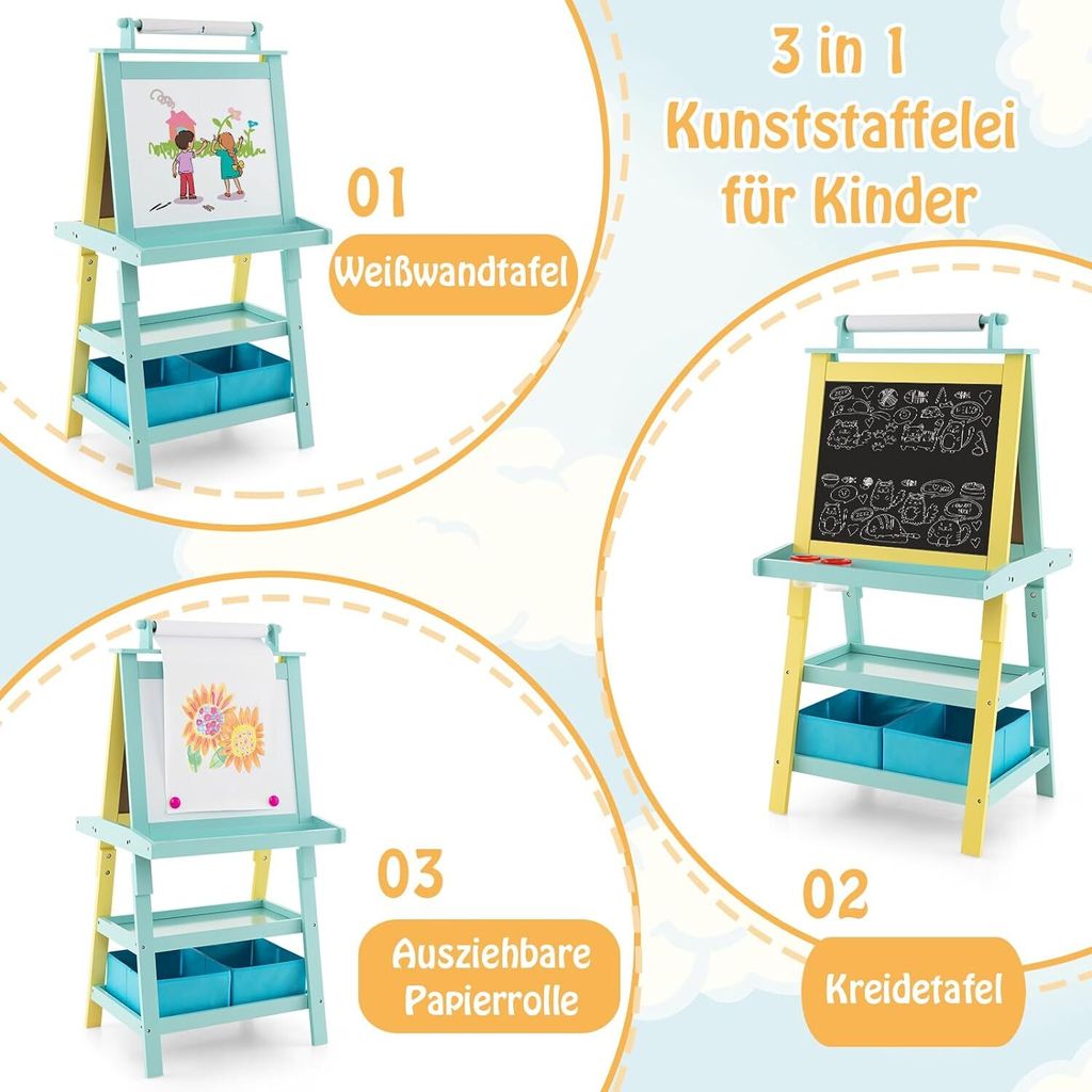 COSTWAY Dětský stojan 3 v 1, dětská tabule oboustranná, Obrázek produktu 2