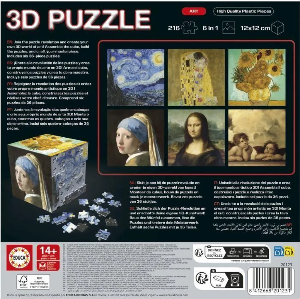Puzzle 3D EDUCA Cube Art : Activité de Concentration 216 pièces 8+