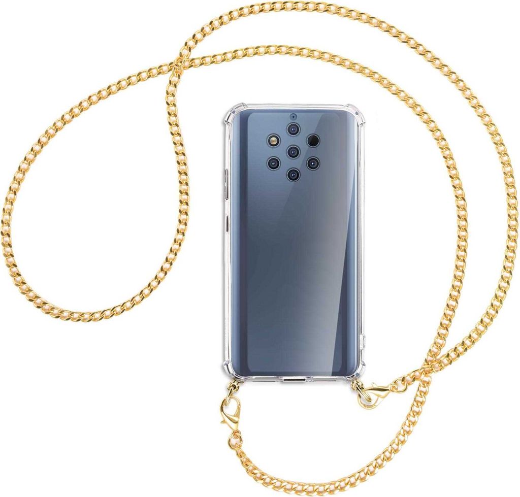 Handykette Backcover-Schutzhülle mit Band (Metall goldfarben) für Nokia 9 PureView - goldfarbene Kette