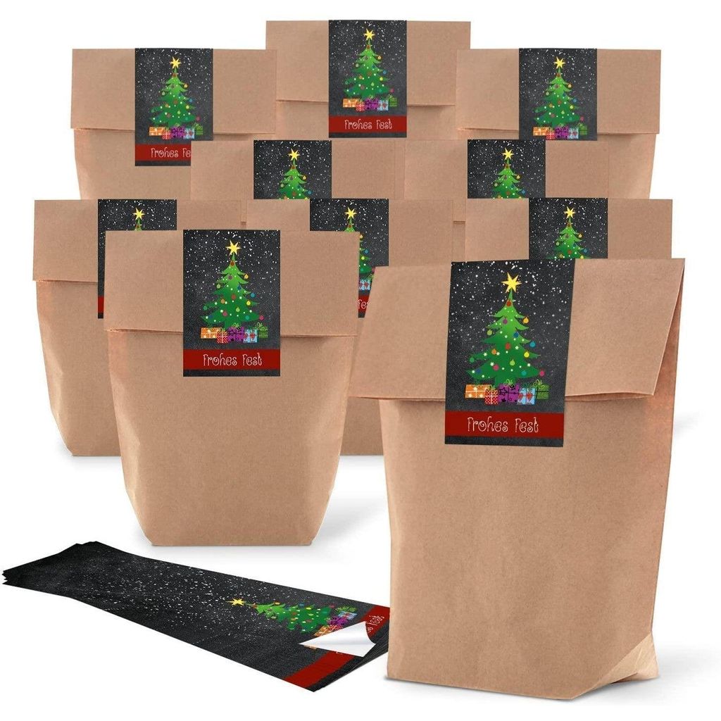 Papiertüten mit Nikolaus Aufkleber 19 x 29,5 x 7,5 cm (10 Stück)Weihnachtsbaum Schwarz, Grün / 10 Stück