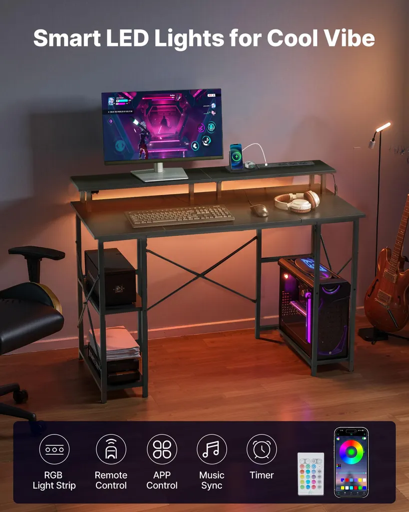 Table de Bureau Ergonomique avec Support Écran et Étagères de Rangement
