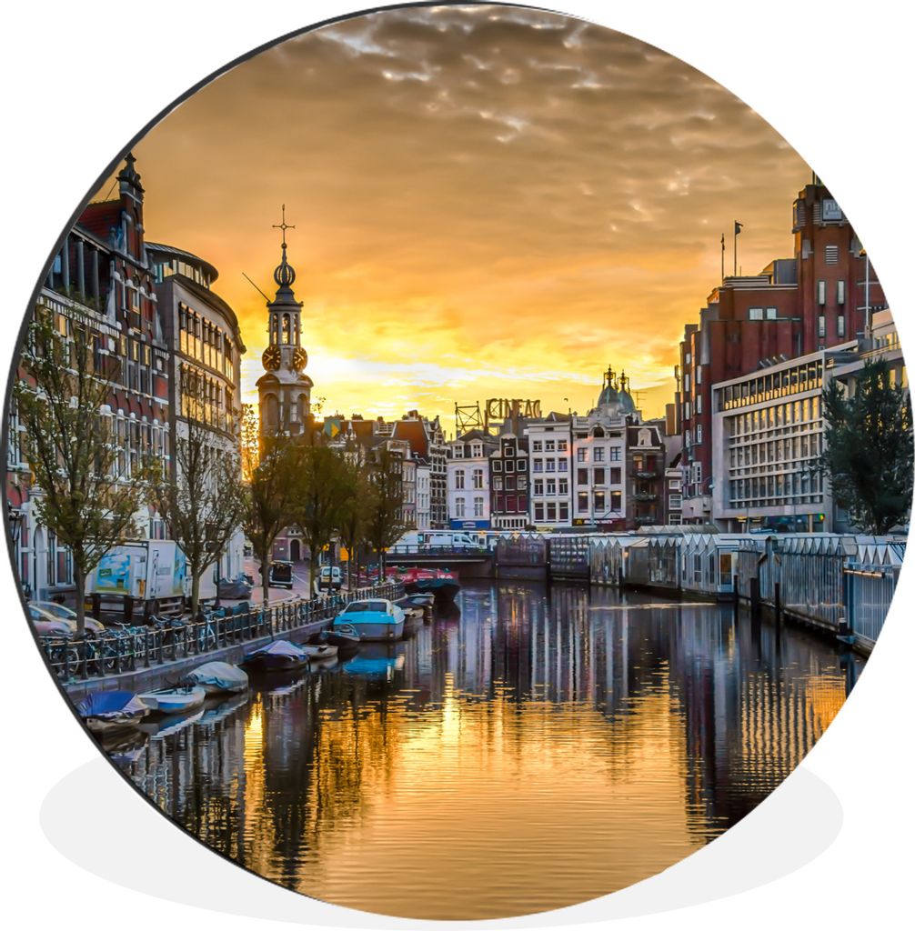 MuchoWow Aluminium Wandkreis Sonnenuntergang über den Munttoren in Amsterdam Ø 60 cm Wanddeko Modern Wohnzimmer - Wand Kreis - Wandbild - Schla...
