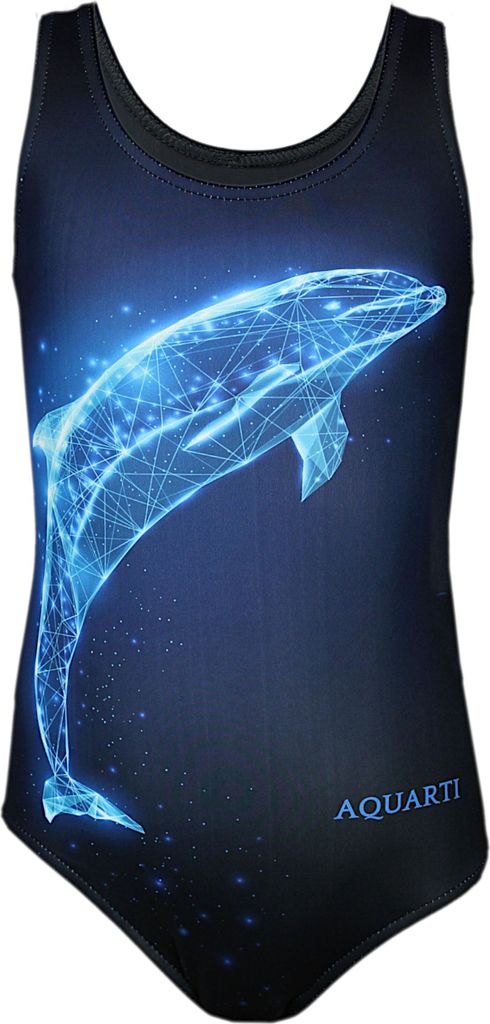 Aquarti Mädchen Badeanzug mit Ringerrücken Print, Farbe: Delfin Digital Blau / Schwarz, Größe: 140