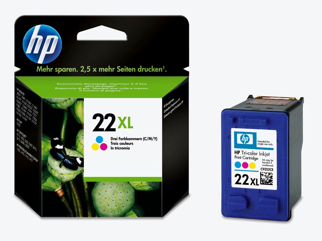 HP 22XL, Hohe (XL-) Ausbeute, Cyan, Magenta, Gelb, Tinte Produktbild 
