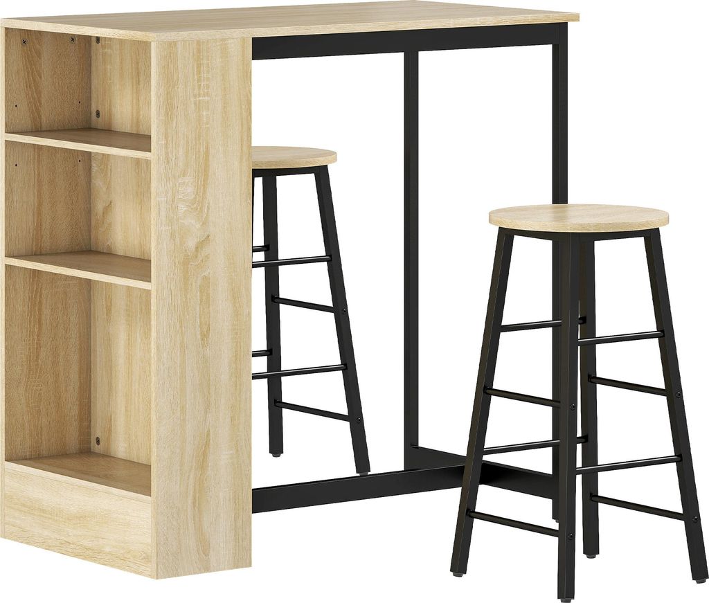 3-teiliges Bartisch-Set, 1 Tresen, 2 Stühle, mit Stauraum und Fußstützen, platzsparend, Hellbraun+Schwarz