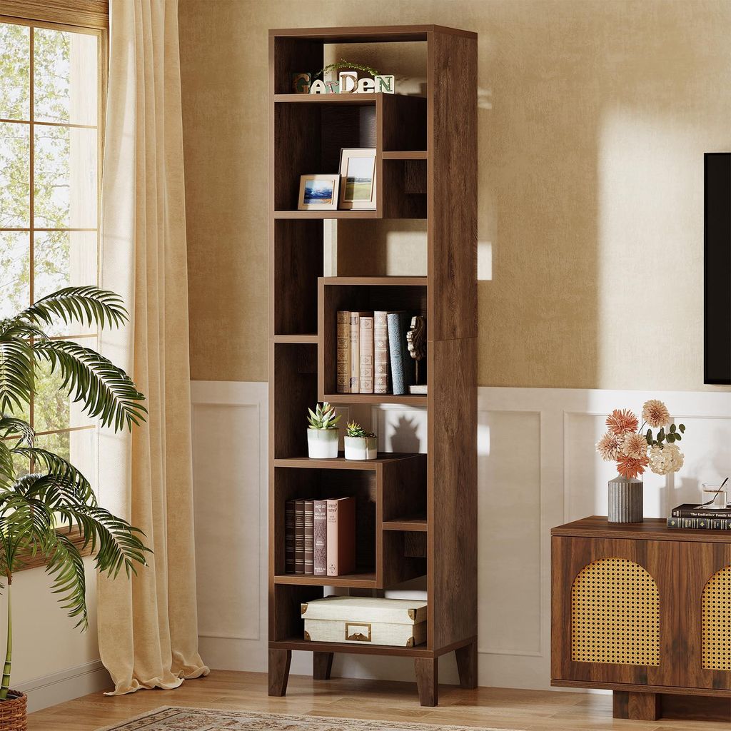 Tribesigns schmales Bücherregal, 8-stufiges, 180 cm hohes, versetztes Bücherregal aus Holz, Eckregal 50 x 30 x 180 cm, Büro, einfache Montage, B...