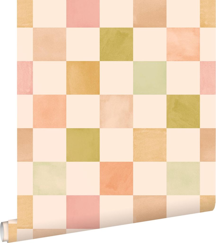 ESTAhome Tapete Karomuster Beige, Rosa und Grün 50 x 900 cm