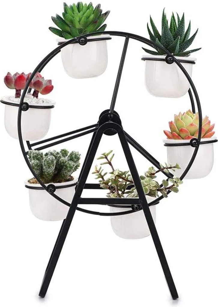 Support à plantes roue géante en céramique noire avec mini pots à fleurs
