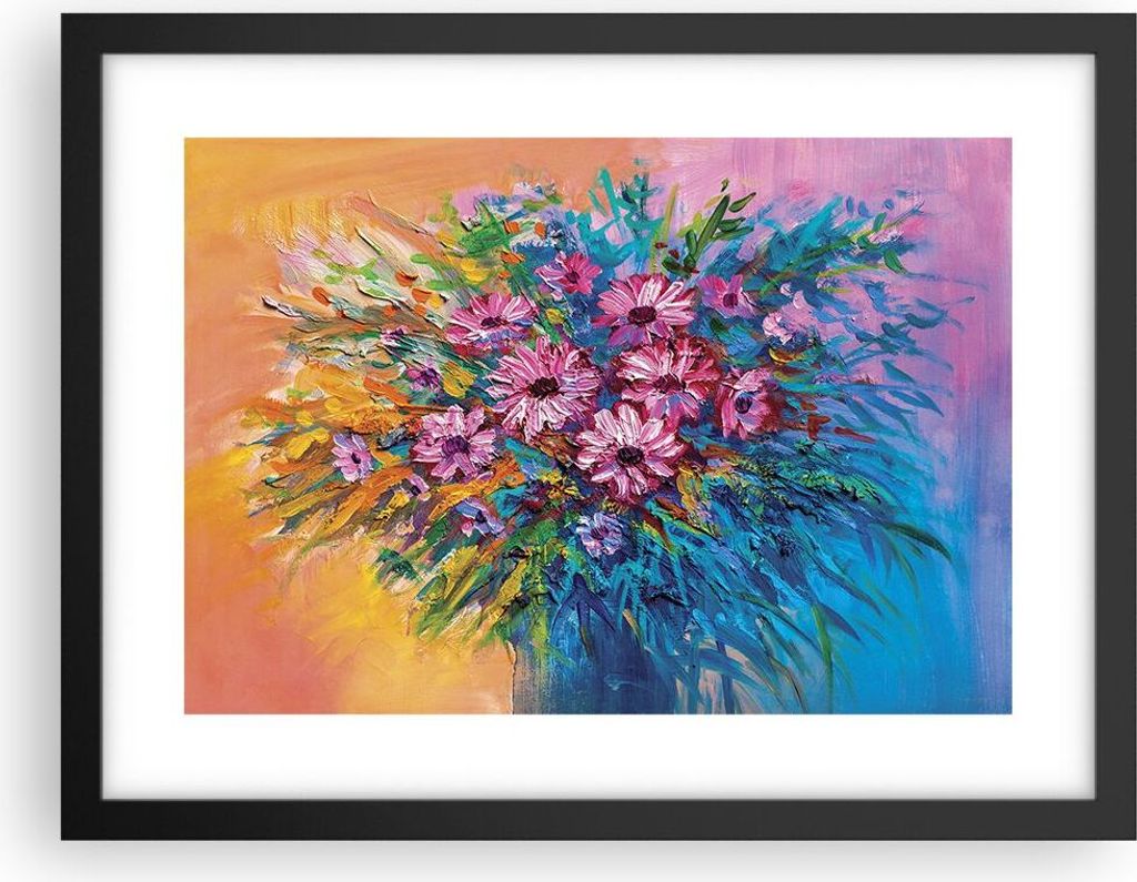 Gerahmtes Poster - Schwarzer Rahmen - Blumenstrauß Blumen Öl - 40x30 cm - Wand Bild - Wanddeko - Wandbilder - Kunstposter - Wandposter - Bilderra...