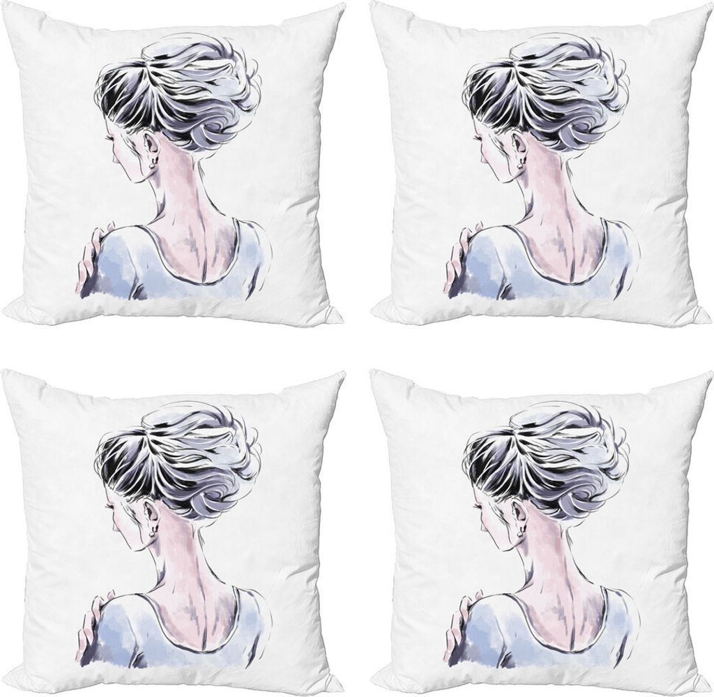 ABAKUHAUS abstrakte Frauen Kissenbezug Set (4 Stück), Messy Bun, Moderner Doppelseitiger Digitaldruck, 45 cm x 45 cm, Ceil Blau Weiß Blush