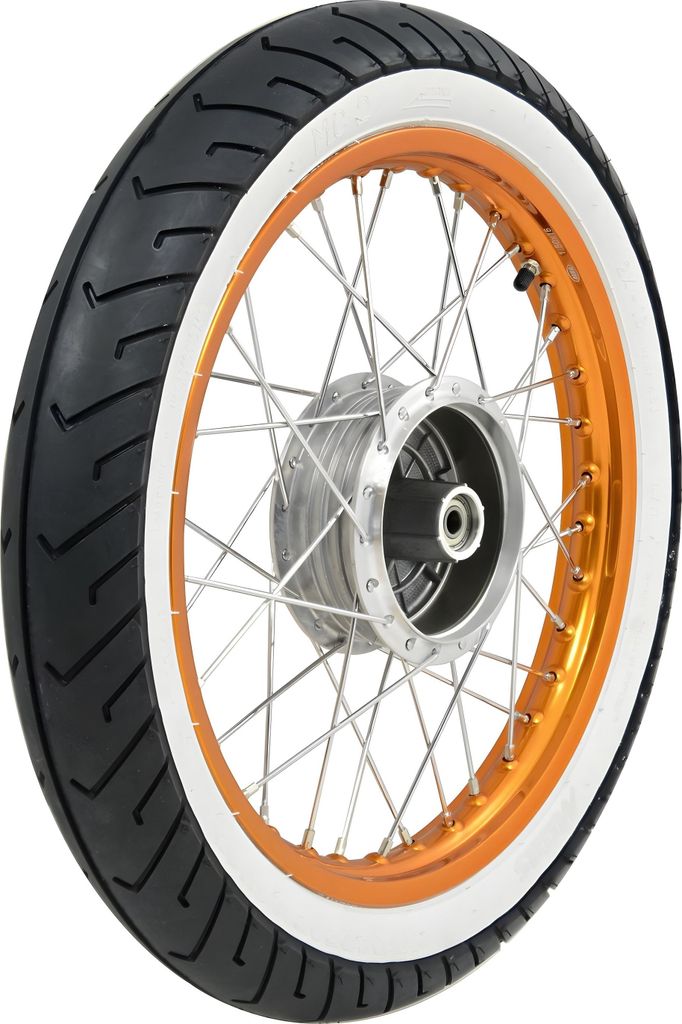 Komplettrad - hinten - 1,5x16 Zoll - Alufelge orange eloxiert und poliert, Chromspeichen + MITAS - Weißwandreifen MC2