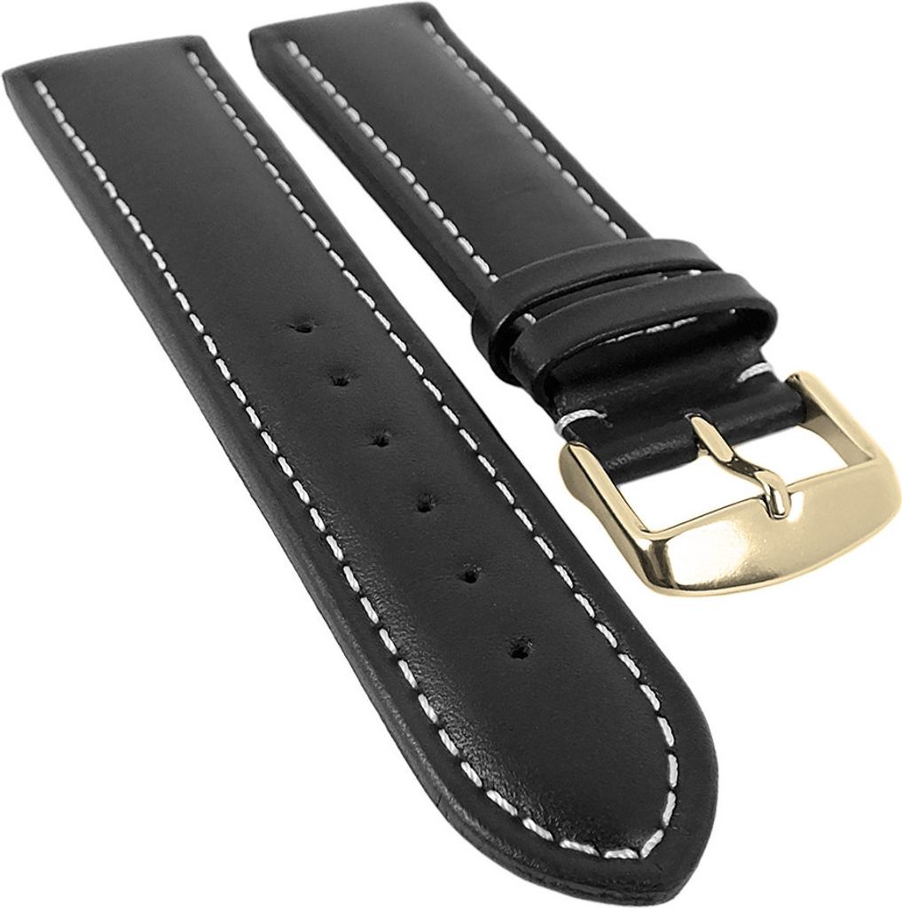 Bio-Leder Uhrenarmband | Kalbsleder, schwarz mit weißer Naht 20539G, Stegbreite:26mm