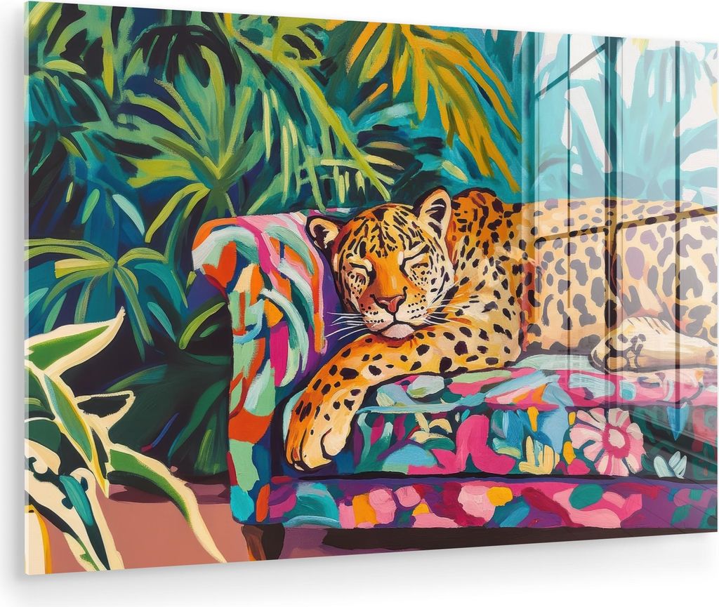 MuchoWow Glasbilder - Bilder auf Wandbild - Foto auf Glas Leopard - Bunt - Tropisch 60x40 cm Wanddekoration aus Glas - Acrylglasbild - Acrylbilder ...
