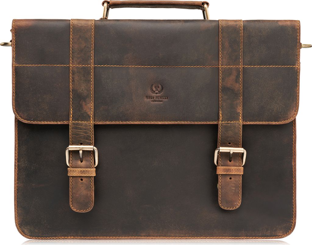 Paolo Peruzzi Herrentasche Umhängetasche Arbeit Tache aus Echtes Leder Vintage-Stil Neu groß Braun