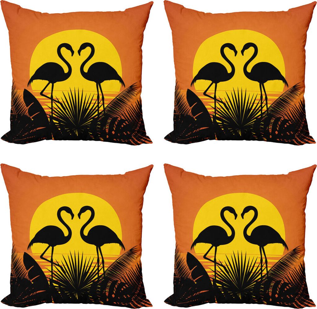 ABAKUHAUS Tropisch Kissenbezug Set (4 Stück), Sunset Flamingo Leaves, Moderner Doppelseitiger Digitaldruck, 60 cm x 60 cm, Dark Orange Gelb Schwarz