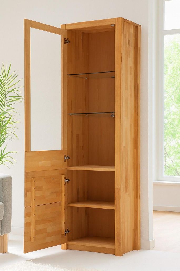 Vitrinenschrank 66x203x40 Schrank Kernbuche geölt Glasvitrine #3419