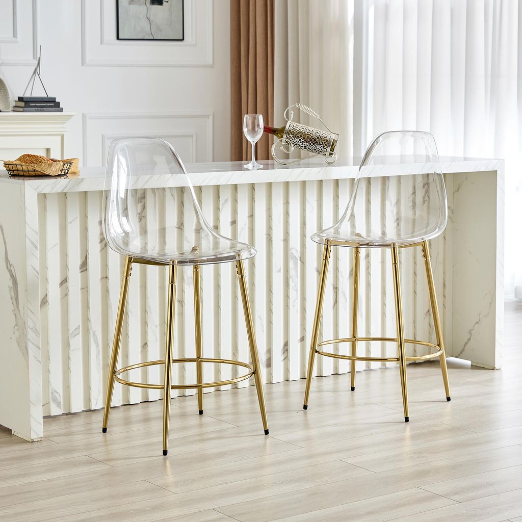 2er-Set transparente Barhocker, schwebendes Design, goldene Metallbeine, für offene Küche, 102 cm