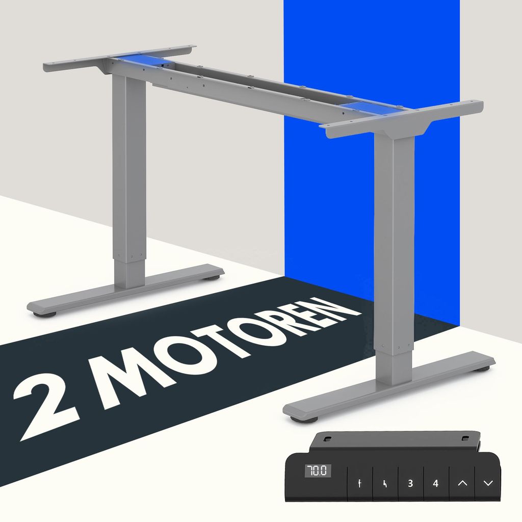 A gray electric standing desk frame with a control panel and text overlay.