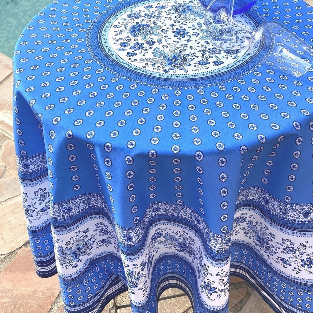 Abwaschbare Tischdecke rund Ø175cm Provence Blumen blau weiß Baumwolle Garten & Haus