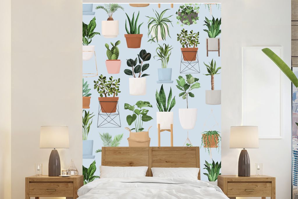MuchoWow Fototapete für Wohnzimmer oder Schlafzimmer Wandtapete Vinyl Motivtapete Pflanzen - Blumentopf - Hängender Blumentopf - 145x220 cm - W...