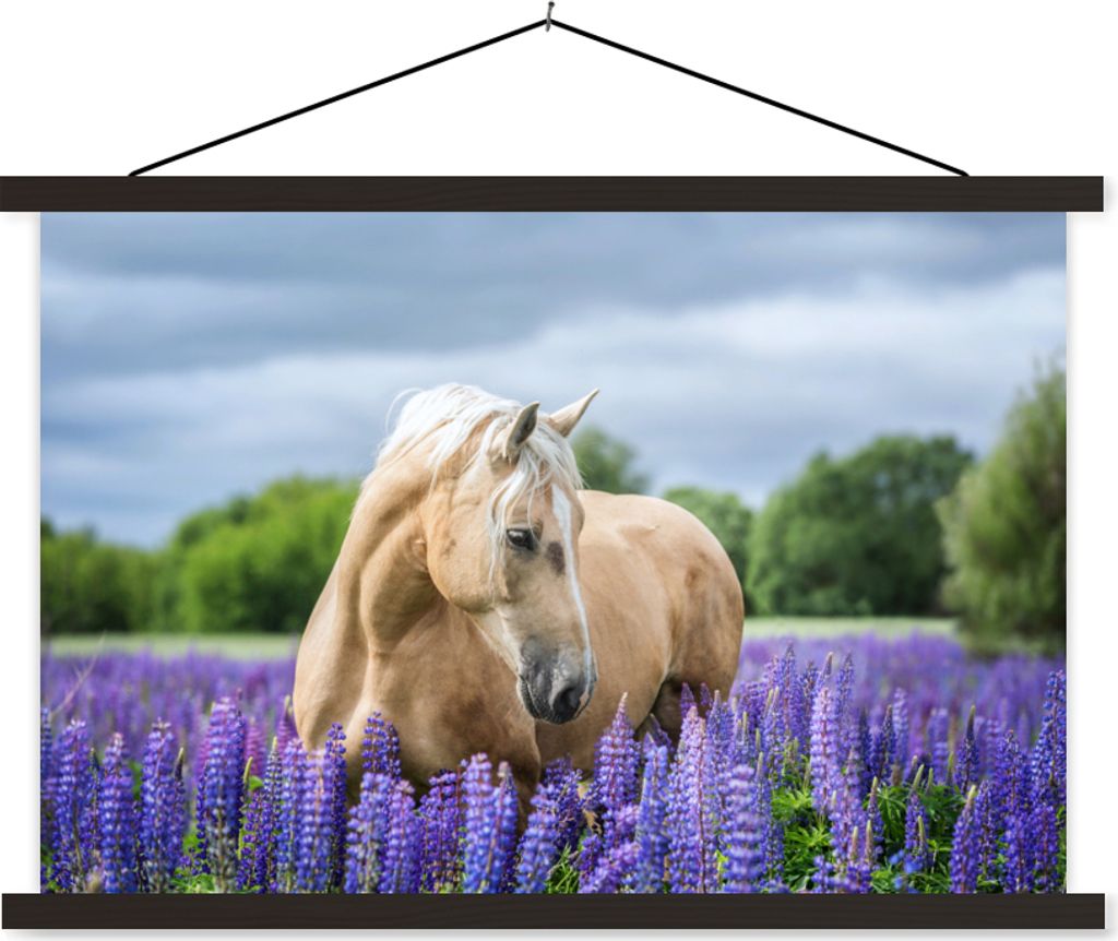 MuchoWow Textilposter Pferd - Blumen - Lila 60x40 cm mit schwarzem Rahmen - Hölzernes