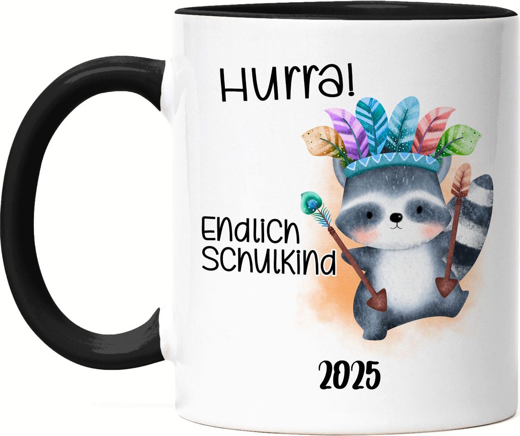 Endlich Schulkind 2025 Waschbär Tasse Schwarz Einschulungs-Geschenk Erstklässler Schulanfang