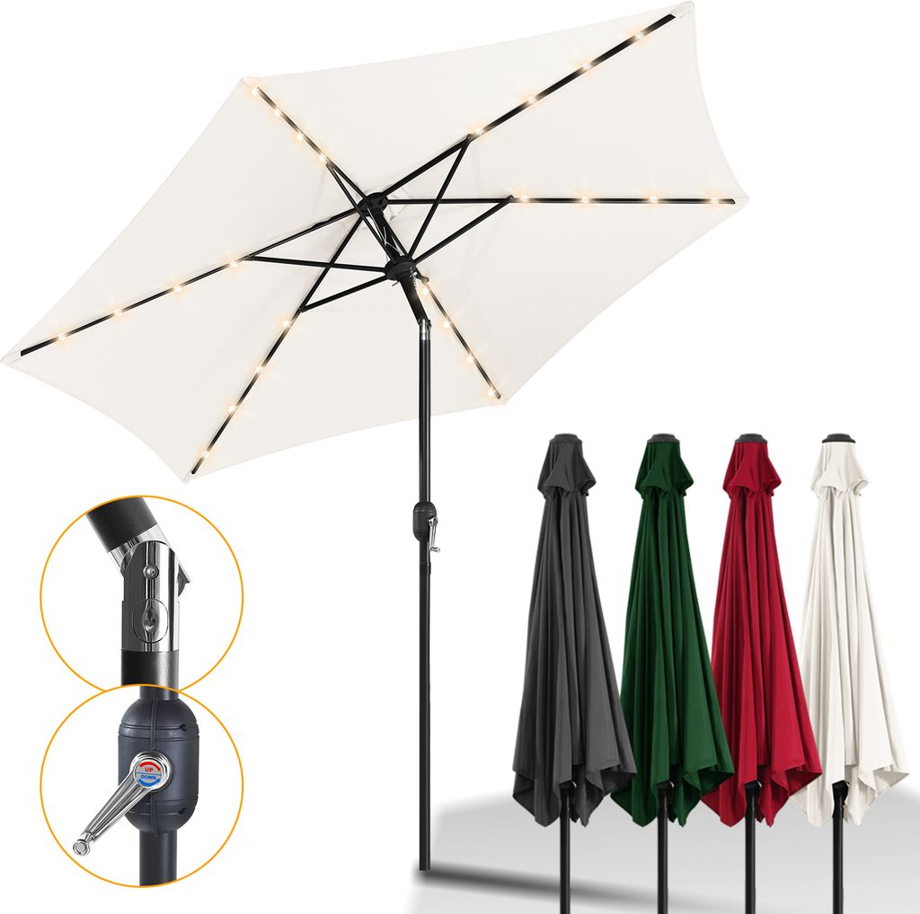 Hengda Sonnenschirm Rund,Kurbel Knickbar Eisen Balkonschirm Marktschirm,neigbar,LED,270cm,Beige