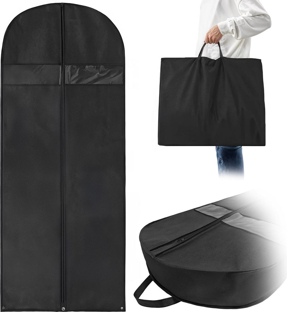 A collage of images showing different ways a black garment bag can be used and carried.