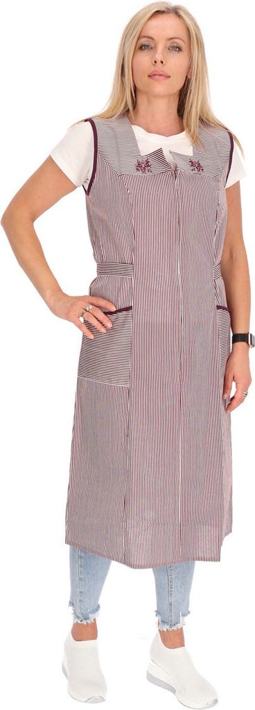 Reißverschluss Kittel gestreift Hauskleid Baumwolle Schürze Kochschürze, Farbe:bordeaux, Größe:52