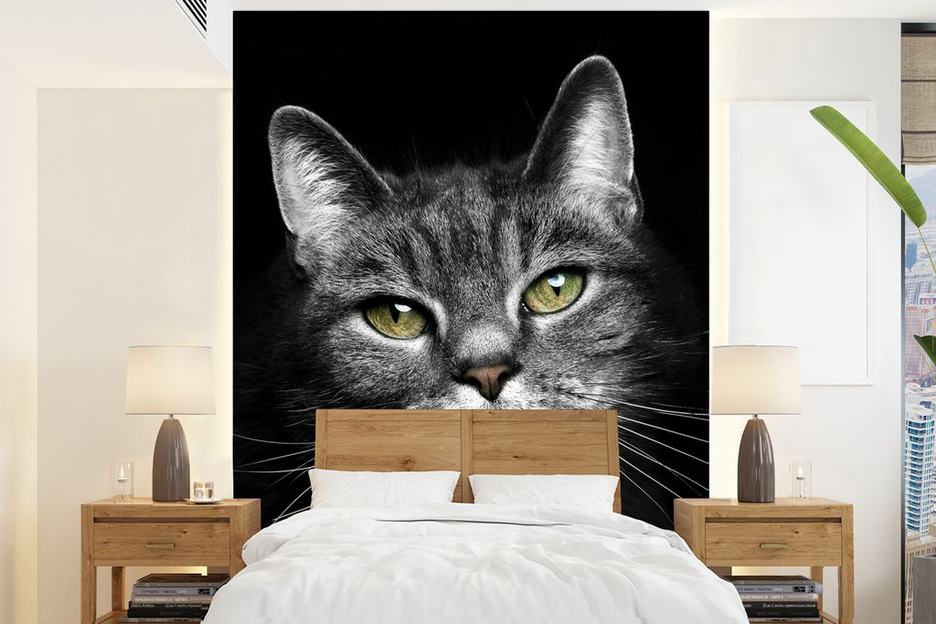 MuchoWow Fototapete für Wohnzimmer oder Schlafzimmer Wandtapete Vinyl Motivtapete Haustiere - Katze - Tiere - Schwarz - Weiß - 175x240 cm - Sch...