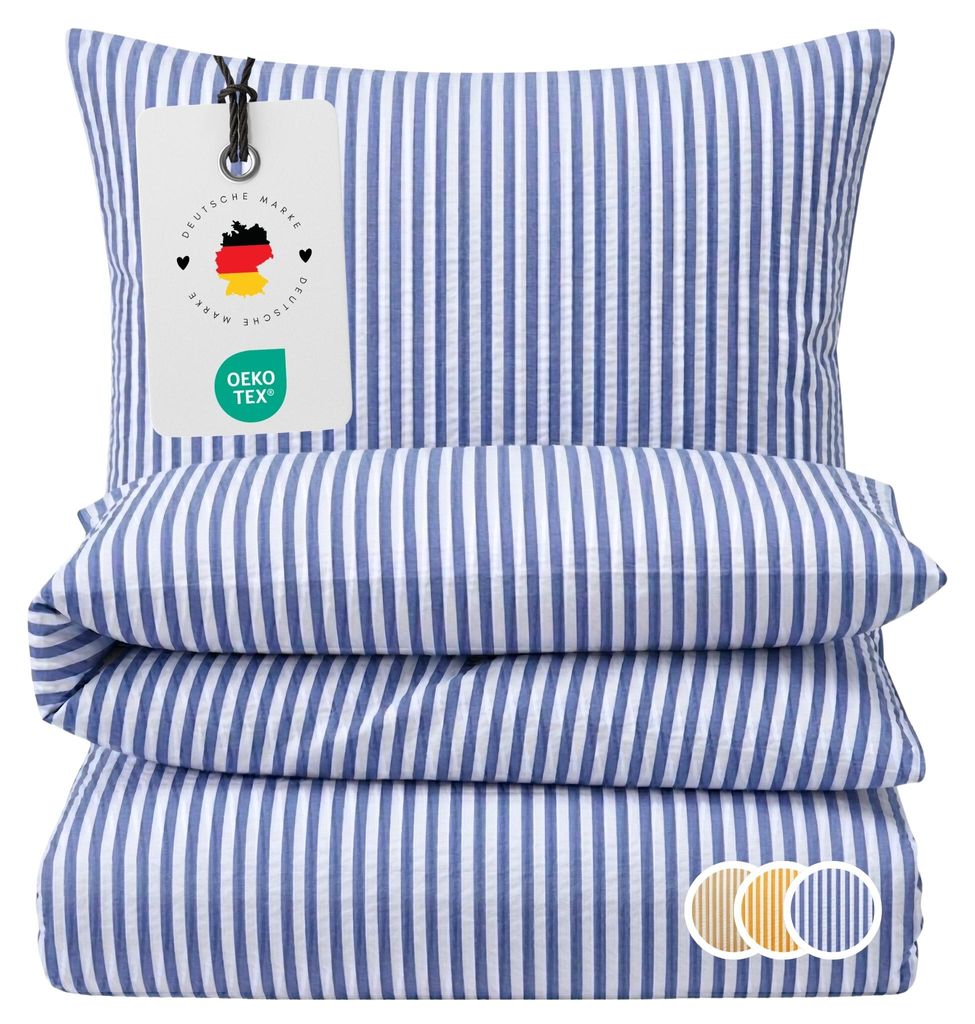 Seersucker Bettwäsche 135x200 Streifen Blau Sommer Bettwäsche gestreift Bettbezug 135 x 200 - Bügelfrei