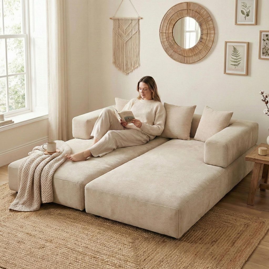 A woman is reading a book on a modular sofa in a living room.