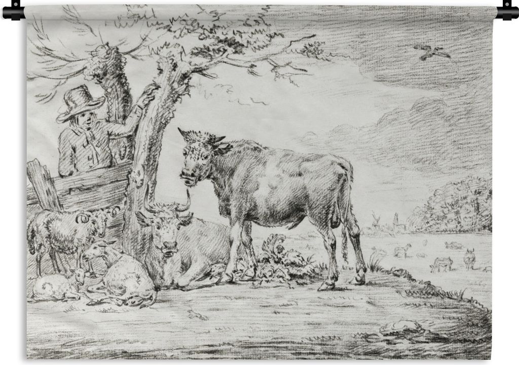 MuchoWow Wandteppich Wandbehang Landwirt am Zaun und Kühe - Gemälde von Jean Bernard 120x90 cm Tapisserie Dekoration Wandtuch - Wohnen - Aufhä...