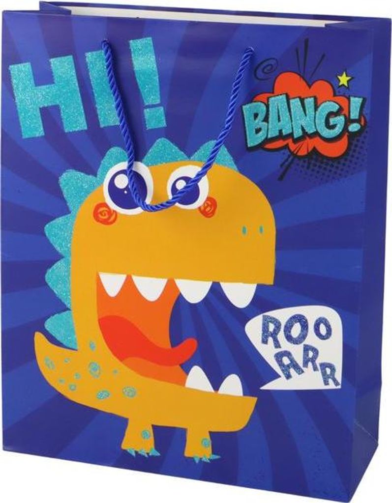 Blaue Geschenktüte aus Papier mit Dinosauriermotiv, 32 cm x 26 cm x 10 cm