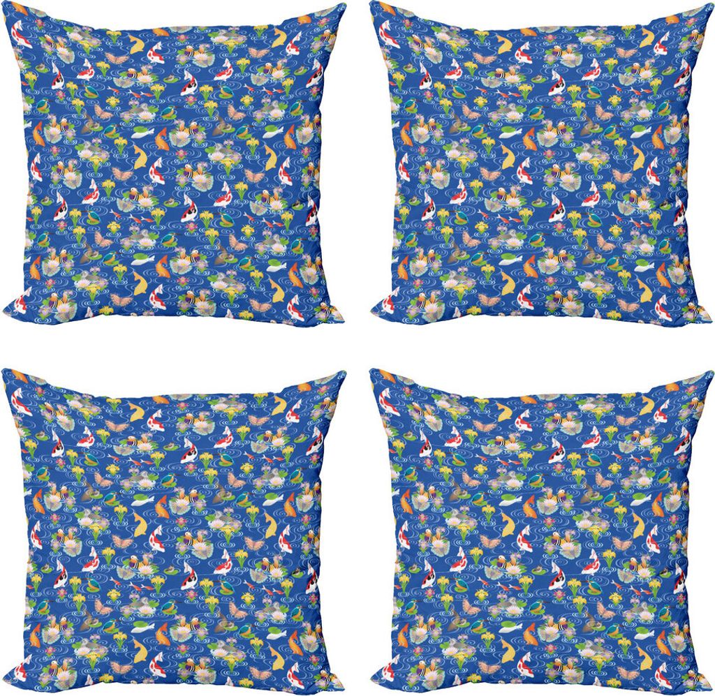 ABAKUHAUS japanisch Kissenbezug Set (4 Stück), Traditionelle Koi-Teich, Moderner Doppelseitiger Digitaldruck, 60 cm x 60 cm, Mehrfarbig