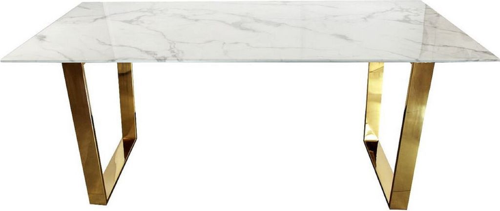 Casa Padrino Luxus Esstisch Weiß / Gold 160 x 80 x H. 75 cm - Esszimmer Tisch mit Kunstmarmor Tischplatte - Esszimmer Möbel - Luxus Möbel - Luxu...