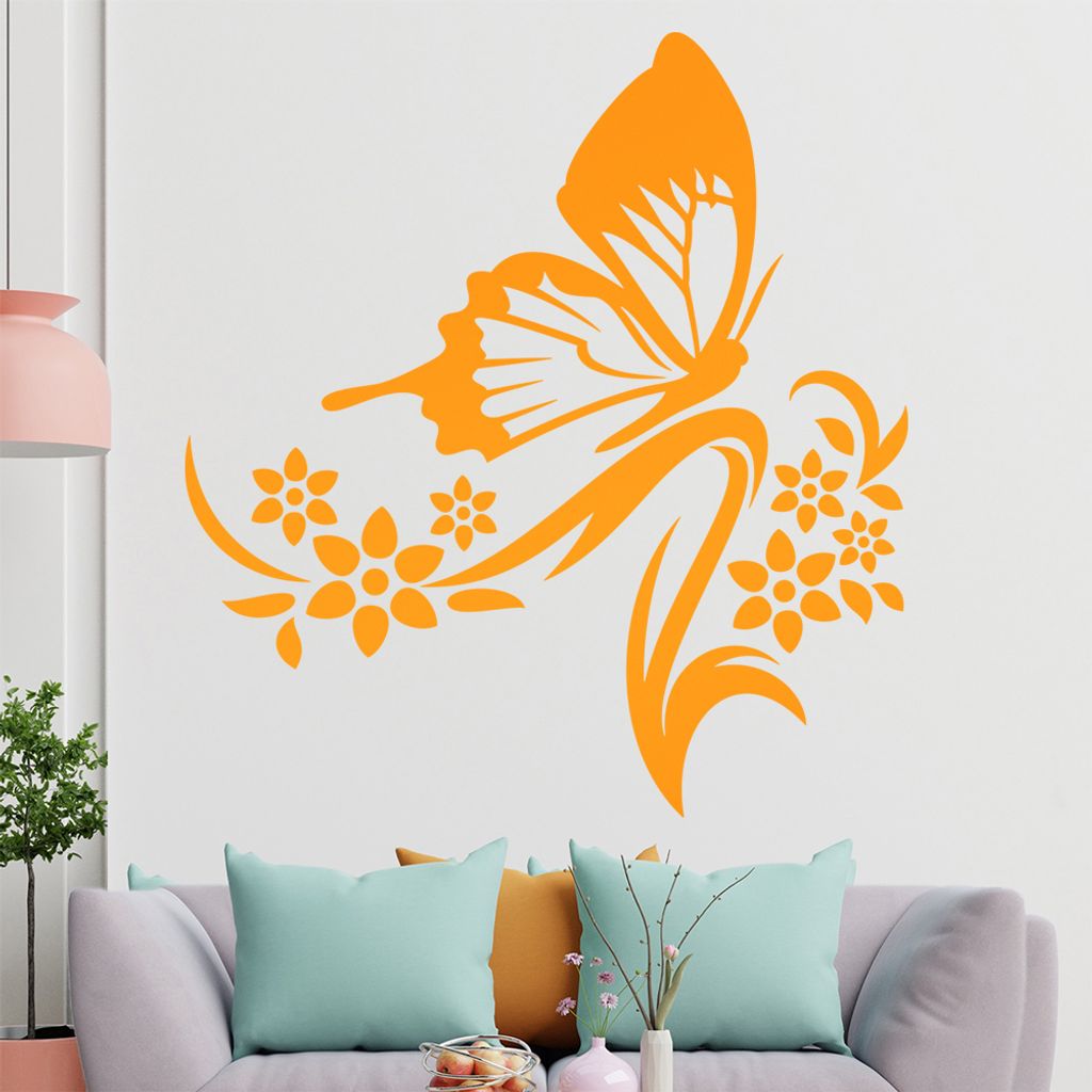 Großer Falter Blüten Wandtattoo in 6 Größen - Wandaufkleber Wall Sticker - Dekoration, Küche, Wohnzimmer, Schlafzimmer, Badezimmer