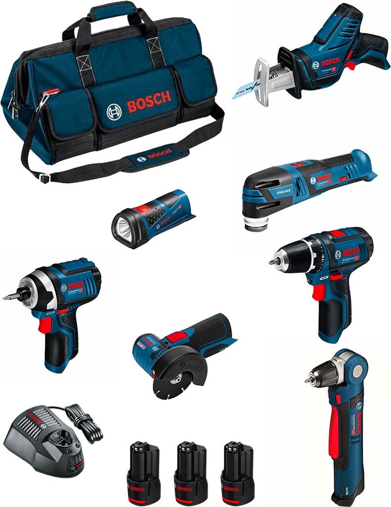BOSCH Kit BMKB7-28CD3 (GSR 12V-15+GDR 12V-105+GWB 12V-10+GWS 12V-76+GOP 12V-28+GSA 12V-14+GLI 12V-80+3x3,0Ah+ GAL1230CV+HDBAG)