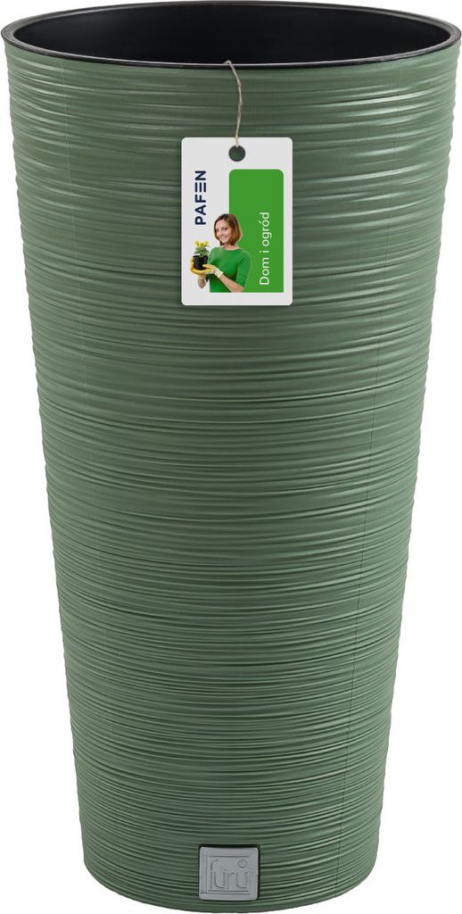 A tall, green, textured plant pot with a black interior, shown against a white background. A product tag is attached to the front.