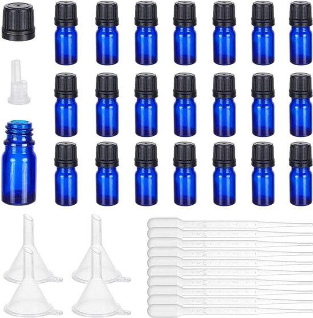 Set aus 24 Glasflaschen ätherische Öle 5 ml Blauw mit Düsen und Stopern