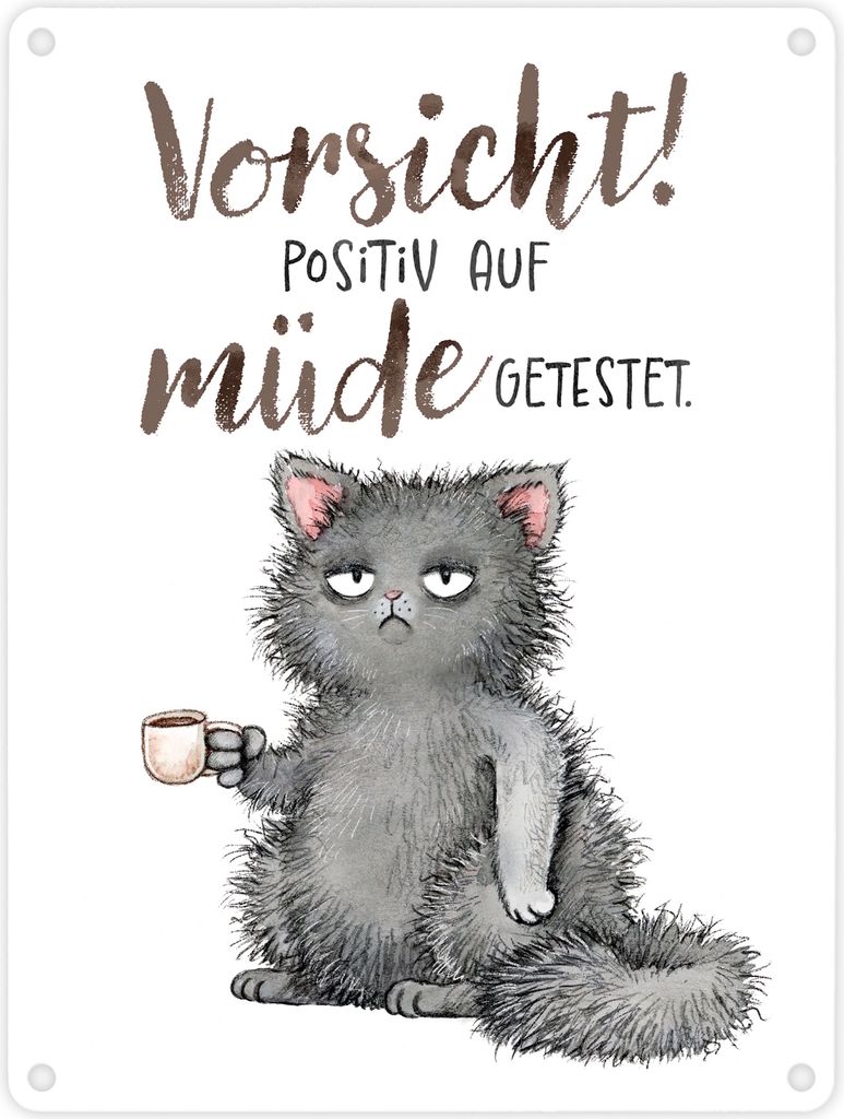 Katze Metallschild in 15x20 cm mit Spruch Vorsicht Positiv auf müde getestet