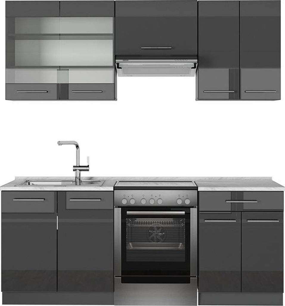 Küchenzeile Vicco Fame-Line Anthrazit Hochglanz 200 cm , AP Marmor, Model 57047