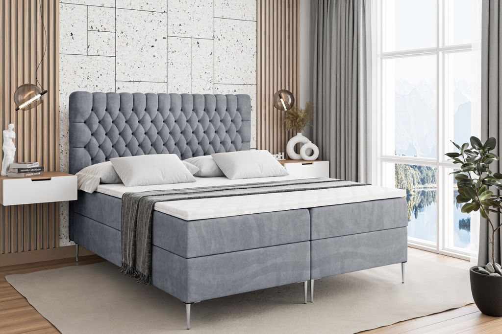 ALTDECOR Boxspringbett mit Silber Füßen, Matratze und Lattenrost, Boxbett, Topper, Polsterbett mit Bettkasten, Bett mit Stauraum H4-Matratze, Dop...