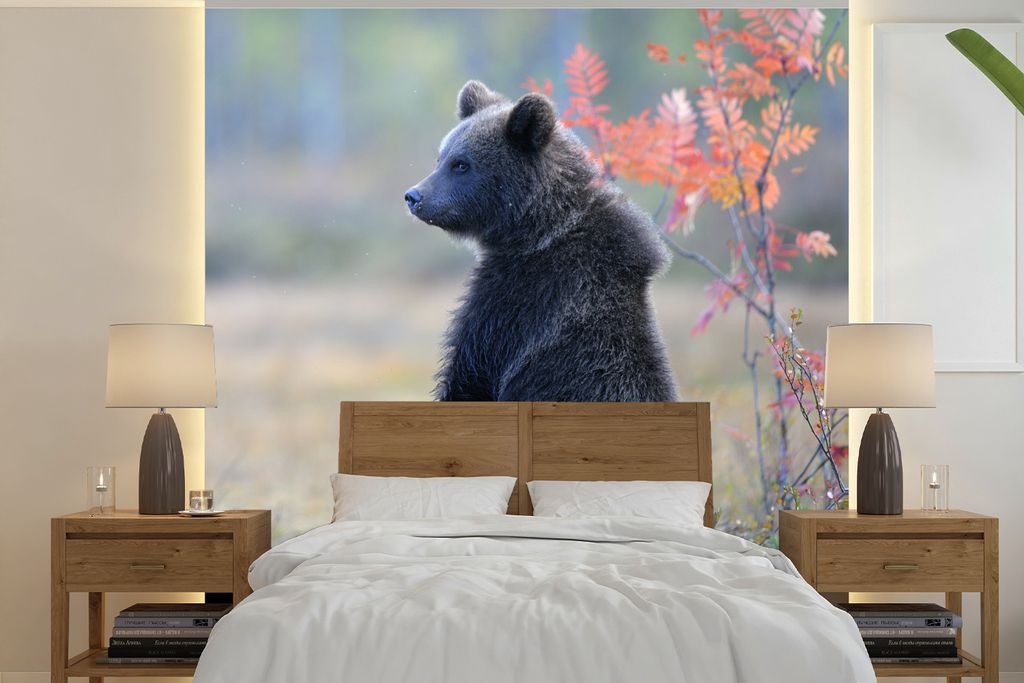 MuchoWow Fototapete für Wohnzimmer oder Schlafzimmer Wandtapete Vinyl Motivtapete Stehendes Braunbärenjunges - 260x260 cm - Papiertapeten
