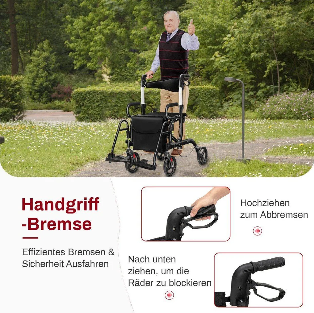 Rollator 4 roues convertible en fauteuil roulant de voyage réglable - 5