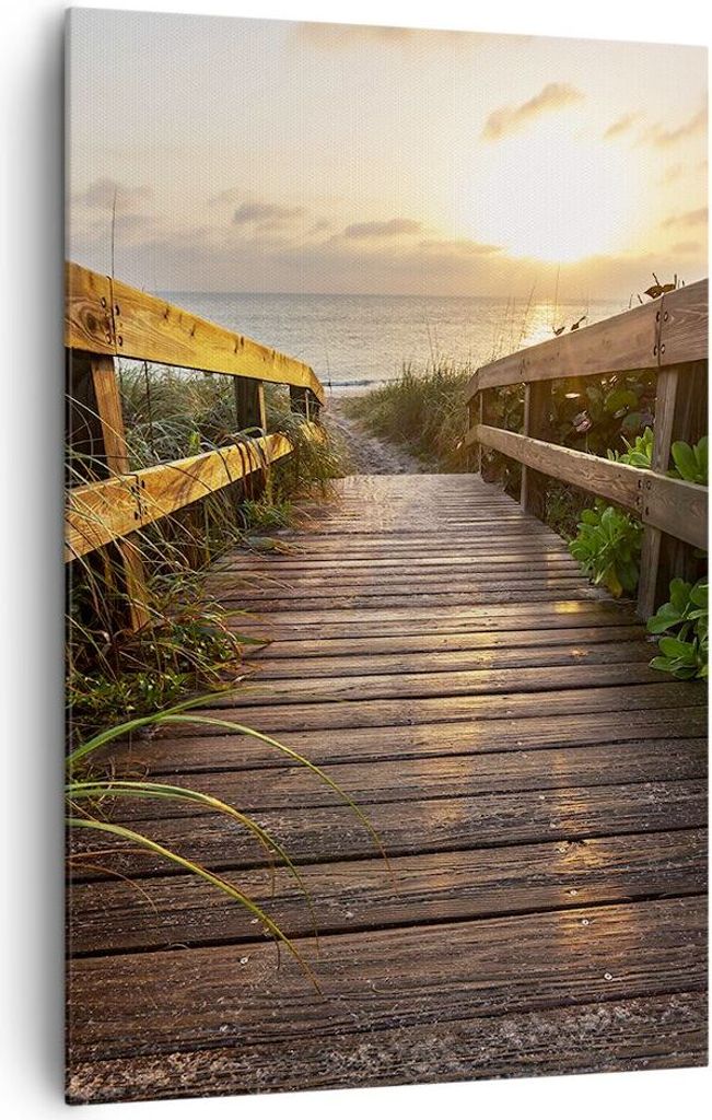 Bild auf Leinwand - Leinwandbild - Einteilig - Fußgängerbrücke Meer Strand Ufer - 80x120cm - Wand Bild - Wandbilder - Leinwanddruck - Wanddekora...